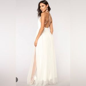 FashionNova white tulle with sequin top maxi dress.